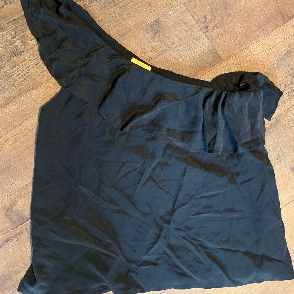 Black silk one shouldered top with a ruffle sz 12